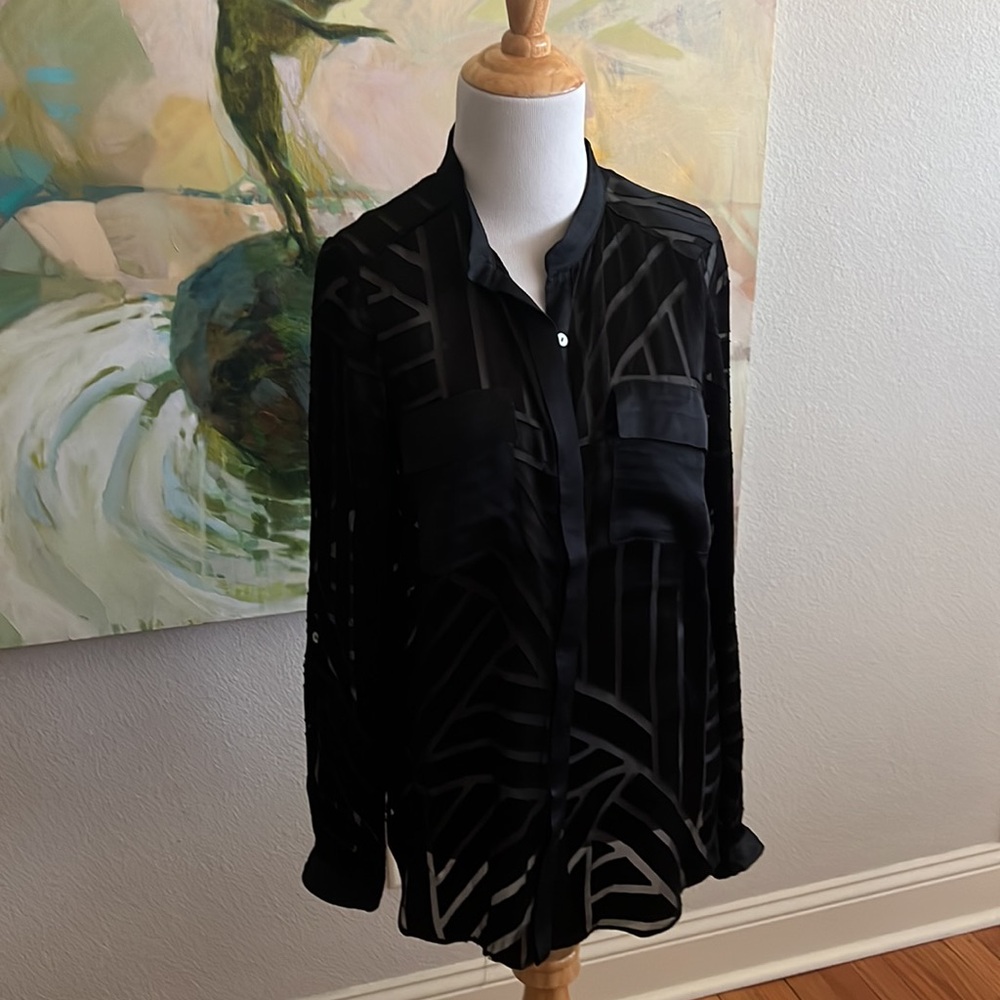 Silk Alice & Trixie Mock Neck Black Sheer Burnout button down Top small